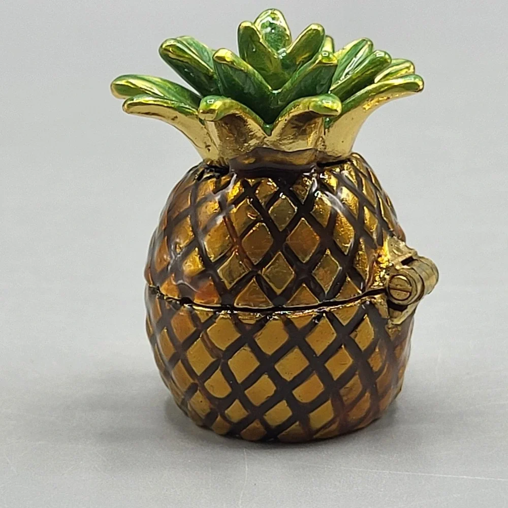 Work of Art Pineapple Trinket Pill Box Small Hinged Enameled Shelf Decor